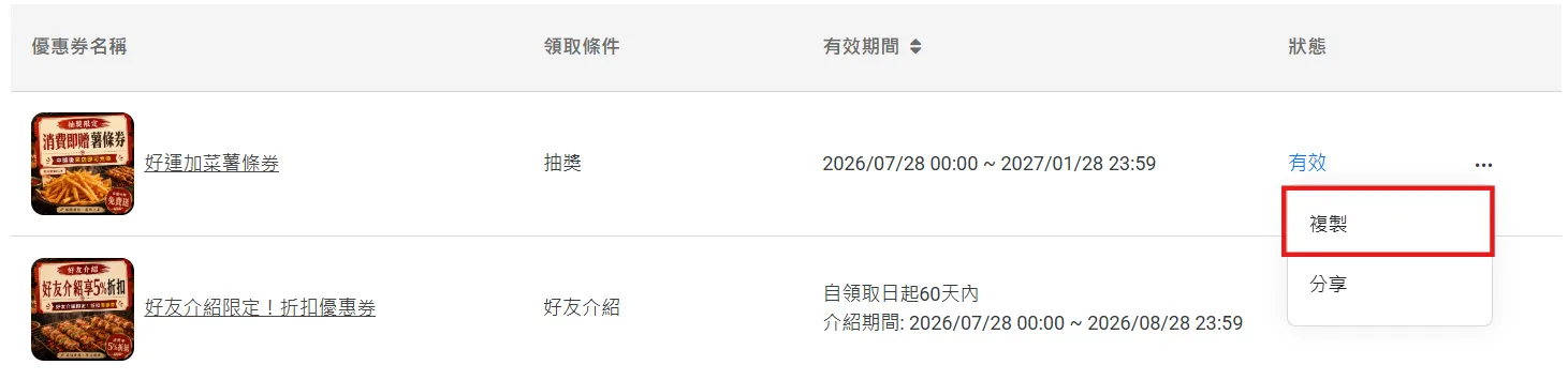 優惠券清單中的複製與分享選單