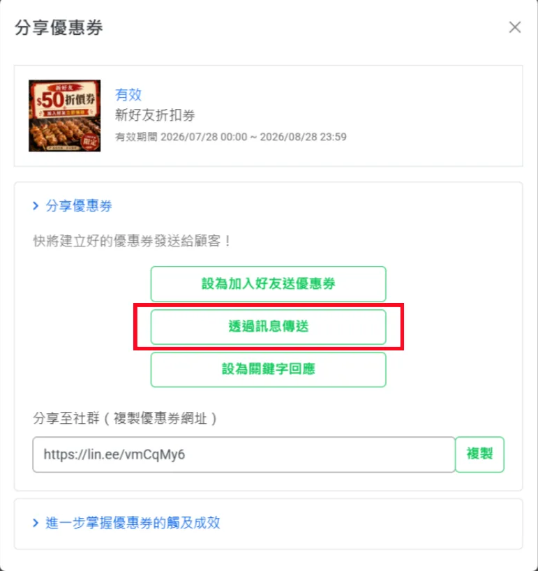 分享優惠券對話框,可設為加入好友送優惠券、透過訊息傳送、設為關鍵字回應或複製優惠券網址
