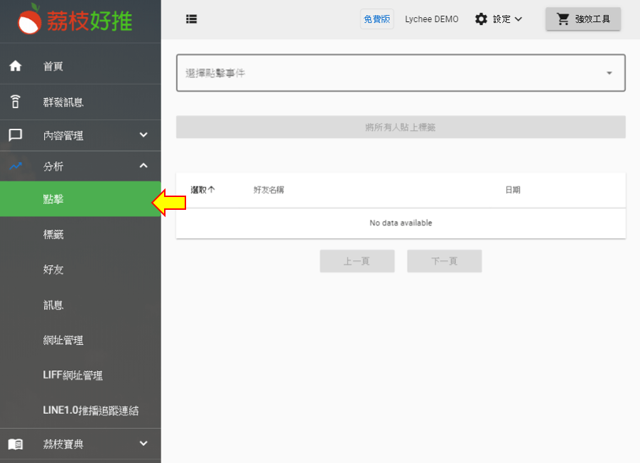 進入到荔枝好推之後,在左邊的邊欄找到「分析」,接著按「點擊」