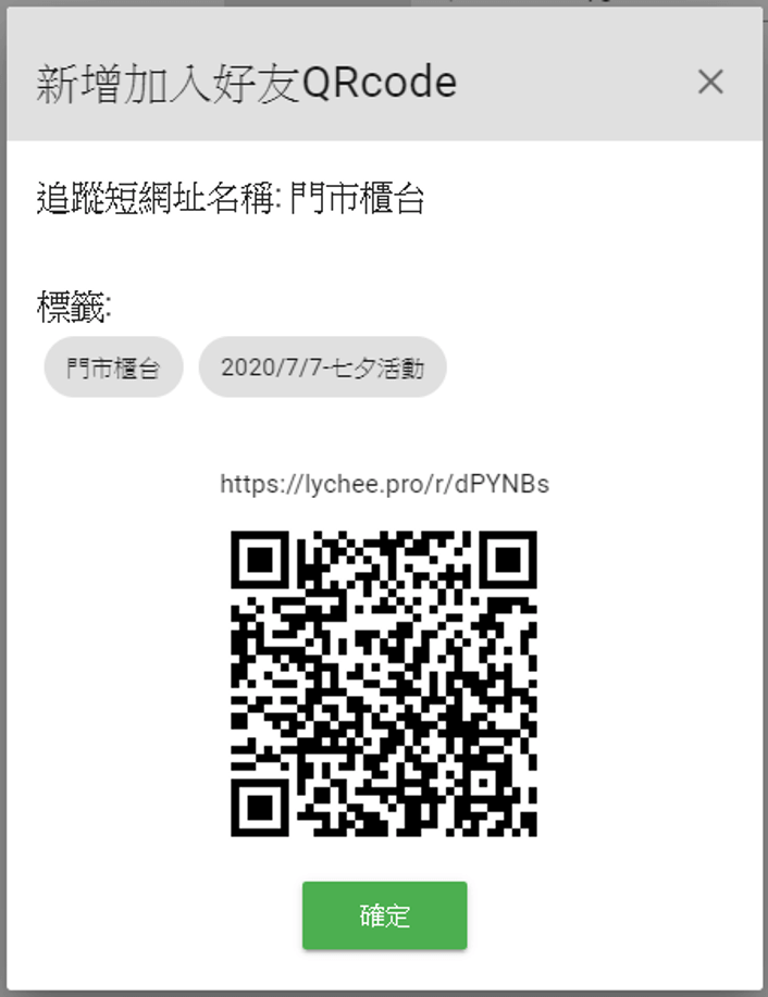 按下送出後會得到一組追蹤網址與QRcode，您可以將它們放到想讓好友加入的地方